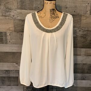 Studio Y Long Sleeve Sheer Top With Beaded Neckline Size L